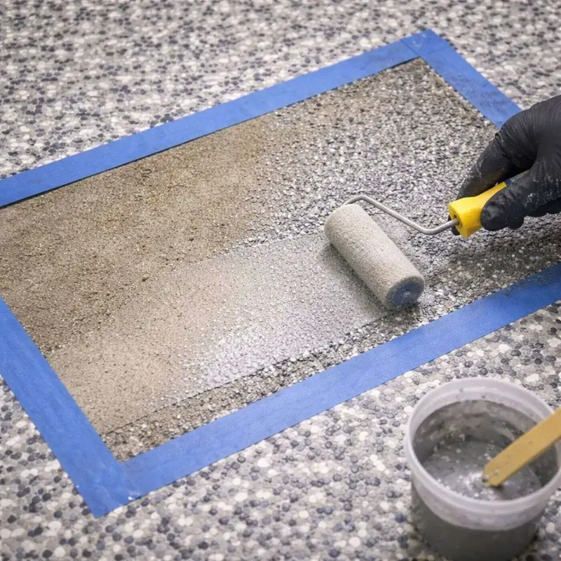 Epoxy floor repair and restoration in progress