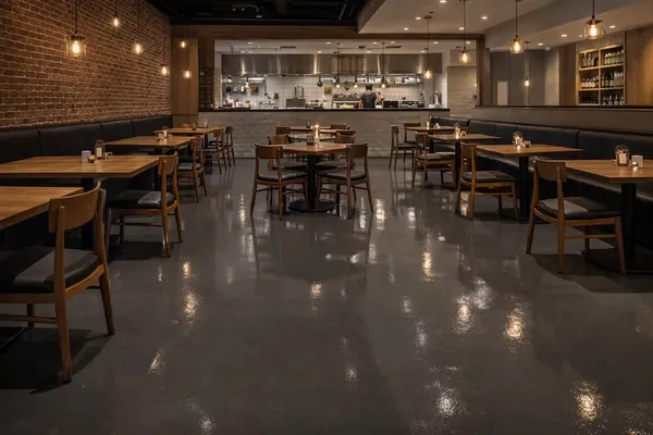 Seamless dark floor coating in a restaurant