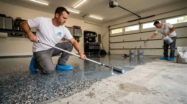 Crew applying decorative flake epoxy coating