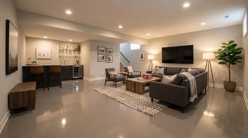 Solid color epoxy floor in a finished basement