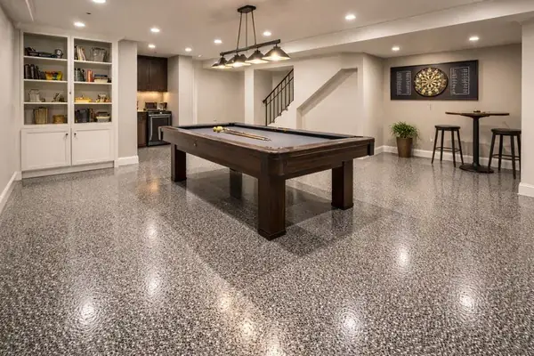 Rec room charcoal flake epoxy floor, Ballwin, MO